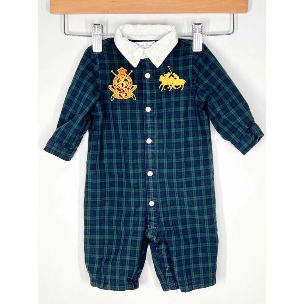 Ralph Lauren Plaid Embroidered Crest Jockey Club Polo Button Up One Piece 3M